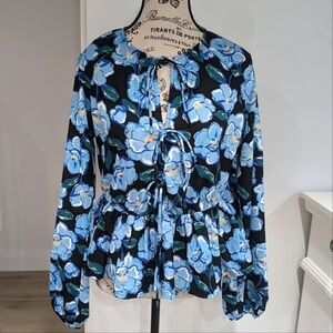 VERO MODA | Women's black/Blue Floral Long Sleeved Ruffled Tie-up Blouse NWOT